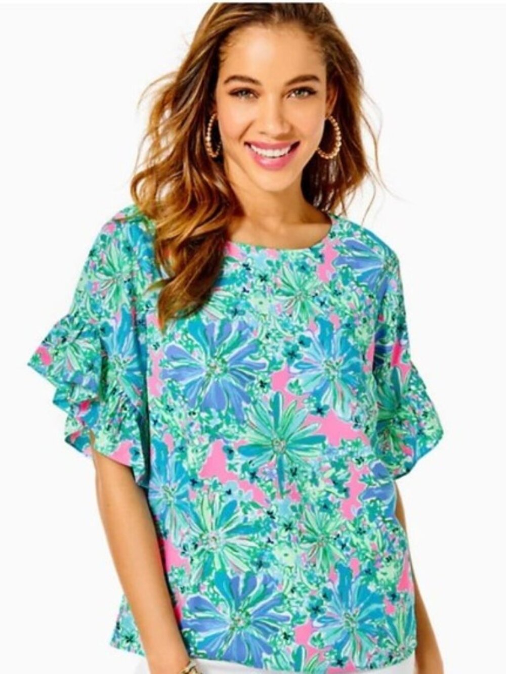 Lilly Pulitzer Darlah Women's Floral Ruffle Sleeve Top Relaxed Fit XS